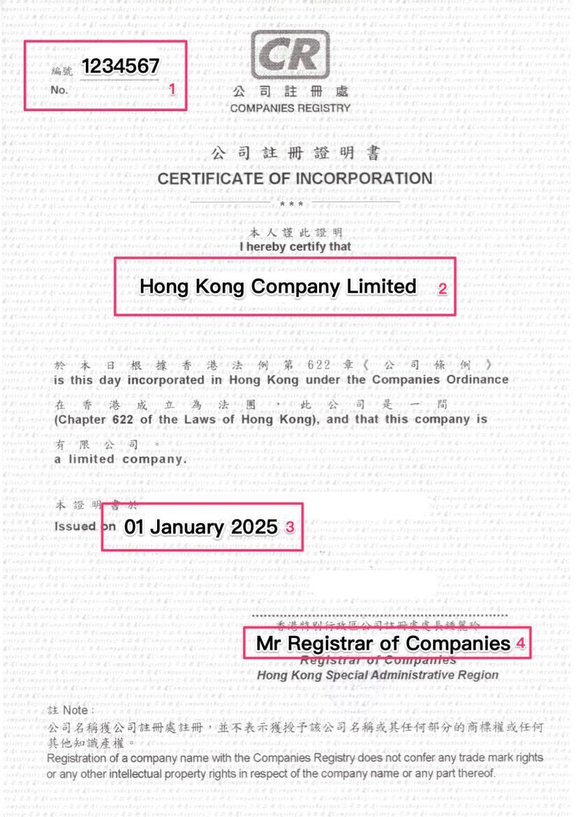Anonymized Hong Kong incorporation document sample placeholder