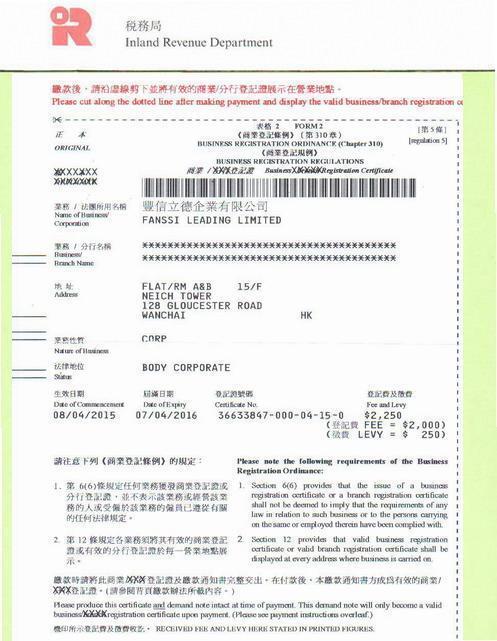 Anonymized Hong Kong incorporation document sample placeholder