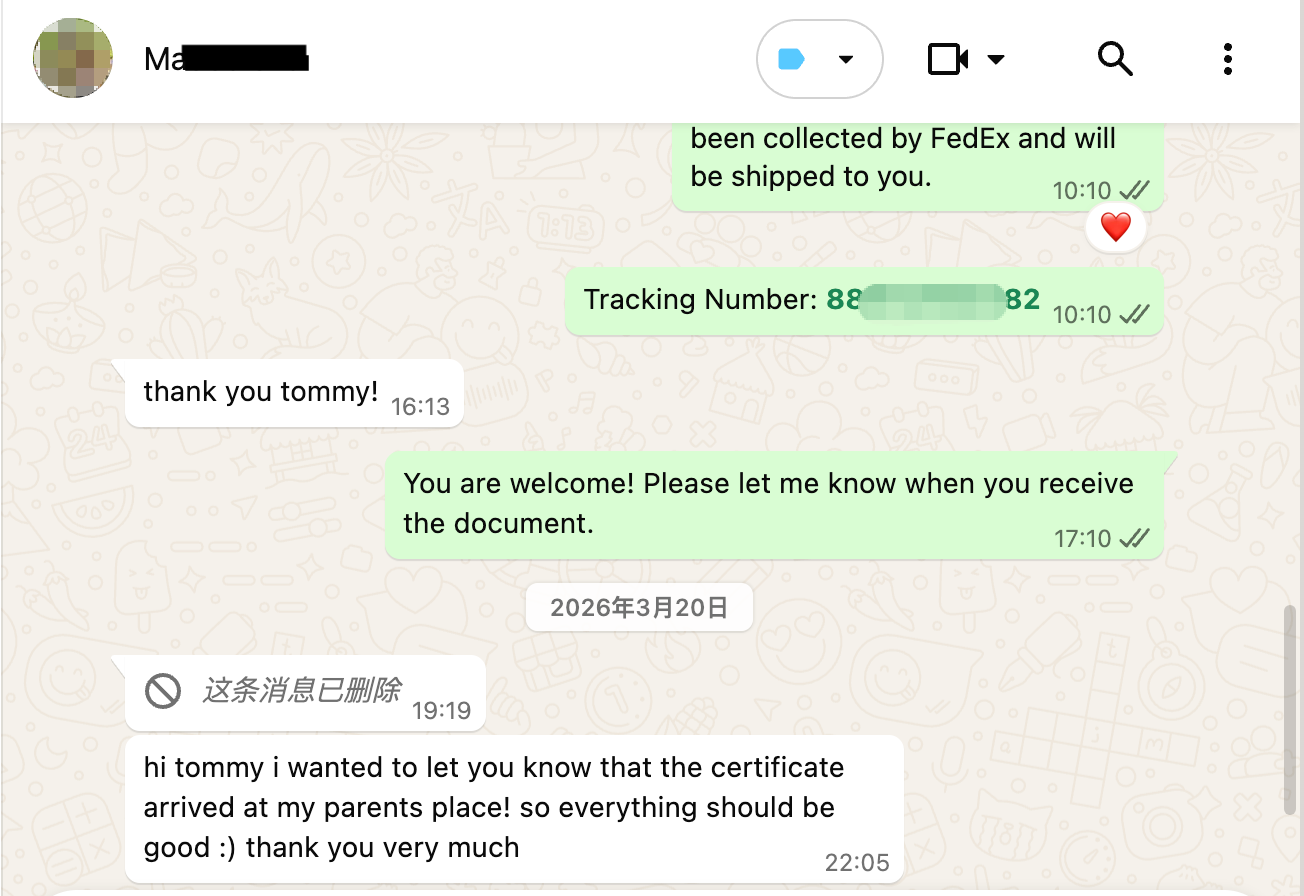 Anonymized WhatsApp client feedback after receiving China police clearance certificate documents by international courier