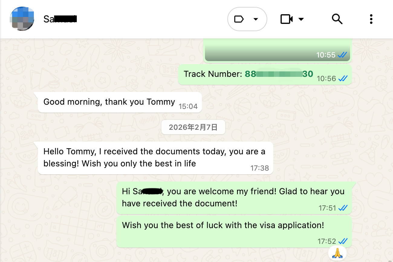 Anonymized WhatsApp client feedback after receiving China police clearance certificate documents by international courier